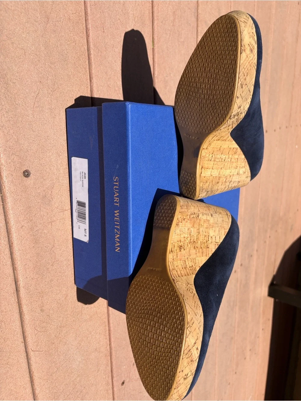 Stuart Weitzman Navy Suede Cork Wedge Pumps - Picture 7 of 8
